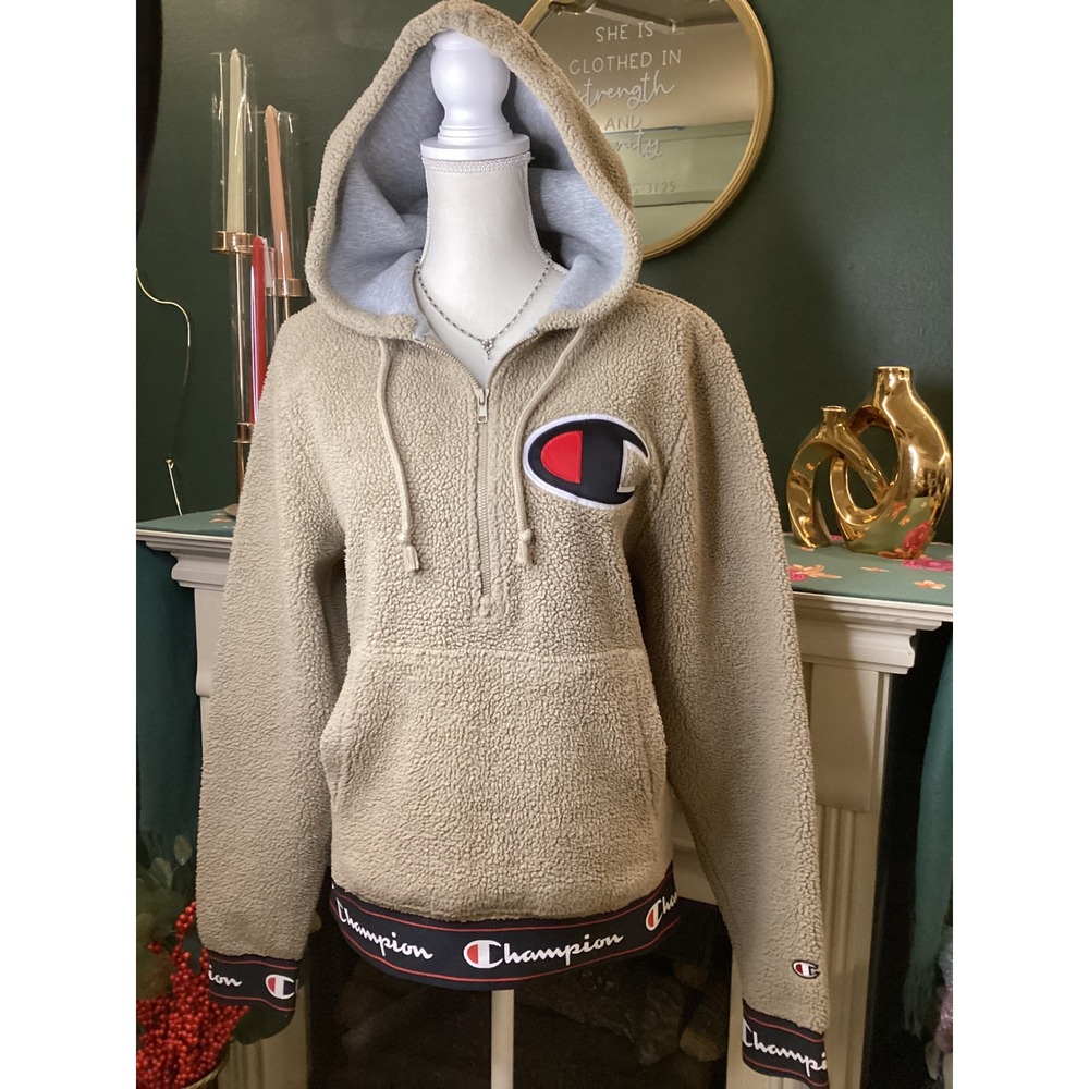 Champion Sherpa Fleece Hoodie Small‎ Tan Quarter Zip Pullover